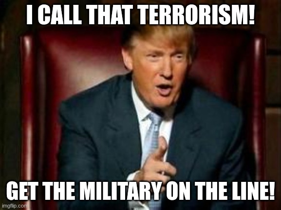 Donald Trump | I CALL THAT TERRORISM! GET THE MILITARY ON THE LINE! | image tagged in donald trump | made w/ Imgflip meme maker