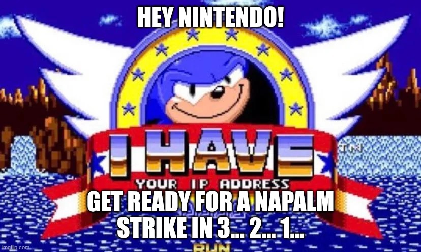 Sonic has your ip address | HEY NINTENDO! GET READY FOR A NAPALM STRIKE IN 3... 2... 1... | image tagged in sonic has your ip address | made w/ Imgflip meme maker