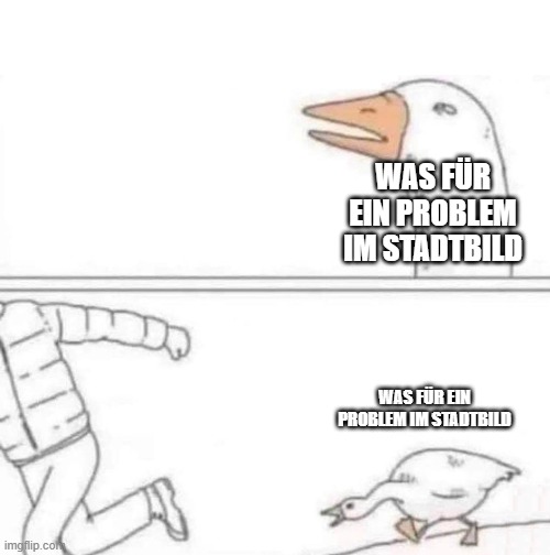 Goose Chase | WAS FÜR EIN PROBLEM IM STADTBILD; WAS FÜR EIN PROBLEM IM STADTBILD | image tagged in goose chase | made w/ Imgflip meme maker