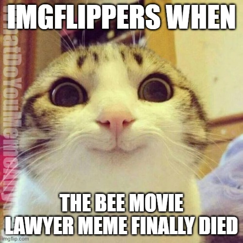 Clever Title | IMGFLIPPERS WHEN; WhatDoYouMemeAnyway; THE BEE MOVIE LAWYER MEME FINALLY DIED | image tagged in memes,smiling cat | made w/ Imgflip meme maker