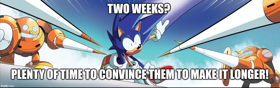 cannons sonic | TWO WEEKS? PLENTY OF TIME TO CONVINCE THEM TO MAKE IT LONGER! | image tagged in cannons sonic | made w/ Imgflip meme maker