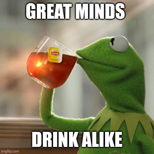 Great minds | GREAT MINDS; DRINK ALIKE | image tagged in memes,but that's none of my business,kermit the frog,funny memes | made w/ Imgflip meme maker