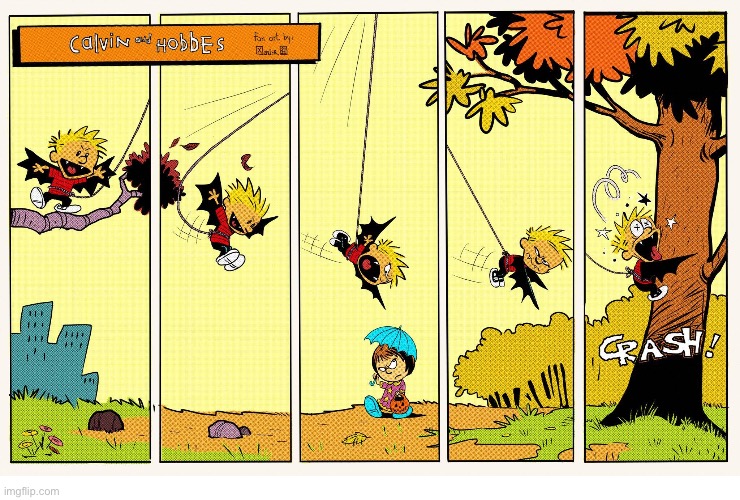 Calvin & Hobbes Halloween fan art… | image tagged in calvin and hobbes,comics,fan art,susie derkins,bat,crash | made w/ Imgflip meme maker