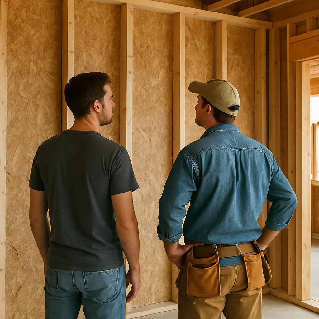 2 guys in front of a wall inside of a house in construction look Blank Meme Template