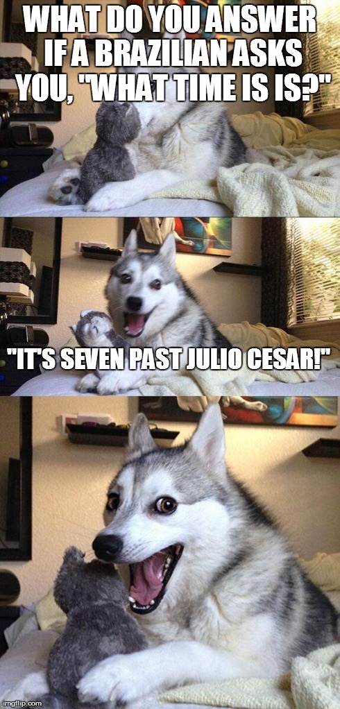 Bad Pun Dog Meme | WHAT DO YOU ANSWER IF A BRAZILIAN ASKS YOU, "WHAT TIME IS IS?" "IT'S SEVEN PAST JULIO CESAR!" | image tagged in memes,bad pun dog | made w/ Imgflip meme maker