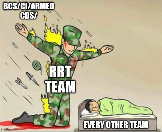 RRT team cooks | BCS/CI/ARMED CDS/; RRT TEAM; EVERY OTHER TEAM | image tagged in soldier protecting sleeping child | made w/ Imgflip meme maker