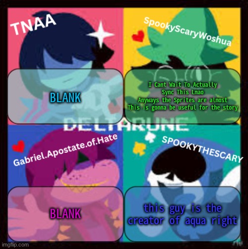 wooo | I Cant Wait To Actually Sync This Lmao
Anyways the Sprites are almost
This is gonna be useful for the story; BLANK; this guy is the creator of aqua right; BLANK | image tagged in deltarune group announcement temp | made w/ Imgflip meme maker