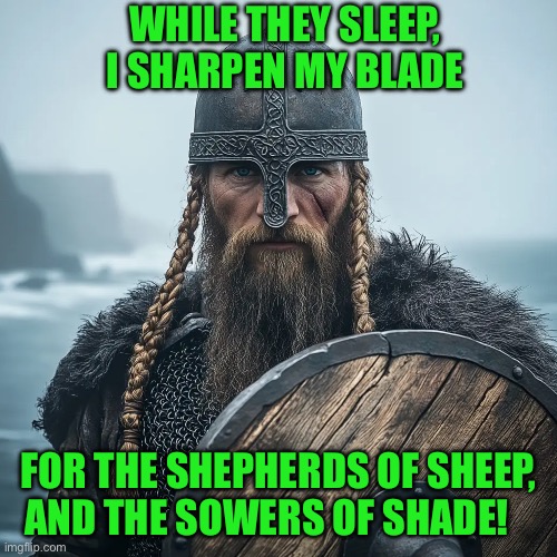 Viking thug | WHILE THEY SLEEP, I SHARPEN MY BLADE; FOR THE SHEPHERDS OF SHEEP, AND THE SOWERS OF SHADE! | image tagged in vikings | made w/ Imgflip meme maker