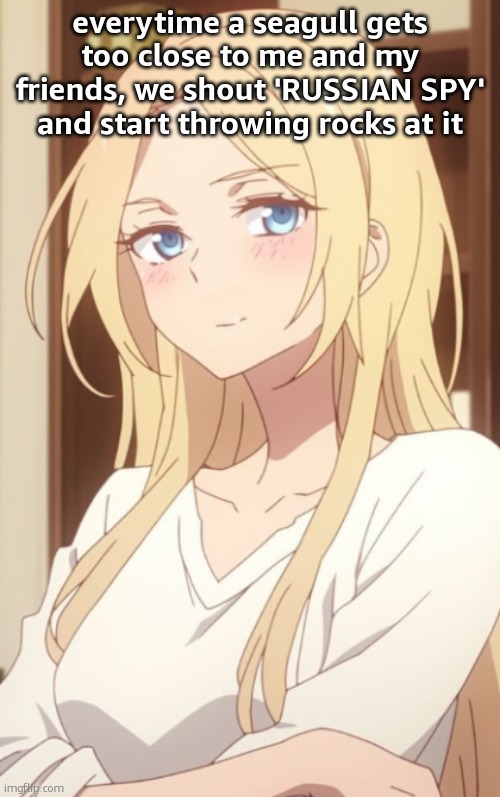 stare | everytime a seagull gets too close to me and my friends, we shout 'RUSSIAN SPY' and start throwing rocks at it | image tagged in stare | made w/ Imgflip meme maker