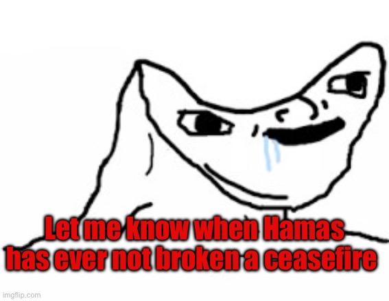 Let me know when Hamas has ever not broken a ceasefire | image tagged in drooling brainless idiot | made w/ Imgflip meme maker
