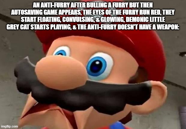 (giggles) I'm in danger | AN ANTI-FURRY AFTER BULLING A FURRY BUT THEN AUTOSAVING GAME APPEARS, THE EYES OF THE FURRY RUN RED, THEY START FLOATING, CONVULSING, & GLOWING, DEMONIC LITTLE GREY CAT STARTS PLAYING, & THE ANTI-FURRY DOESN'T HAVE A WEAPON: | image tagged in mario wtf | made w/ Imgflip meme maker