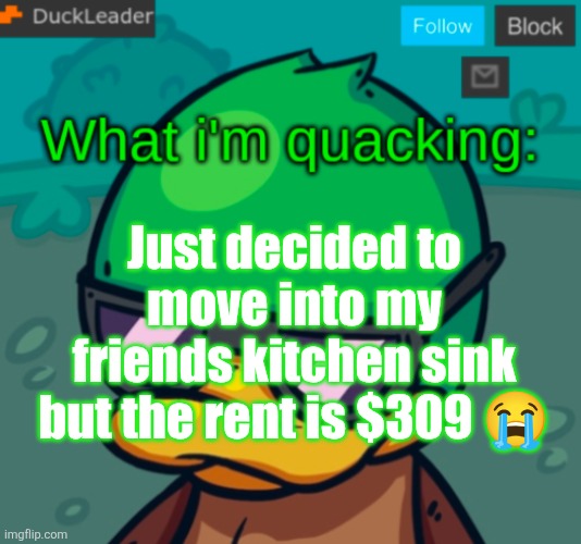 DuckLeader Announcement v.3 | Just decided to move into my friends kitchen sink but the rent is $309 😭 | image tagged in duckleader announcement v 3 | made w/ Imgflip meme maker