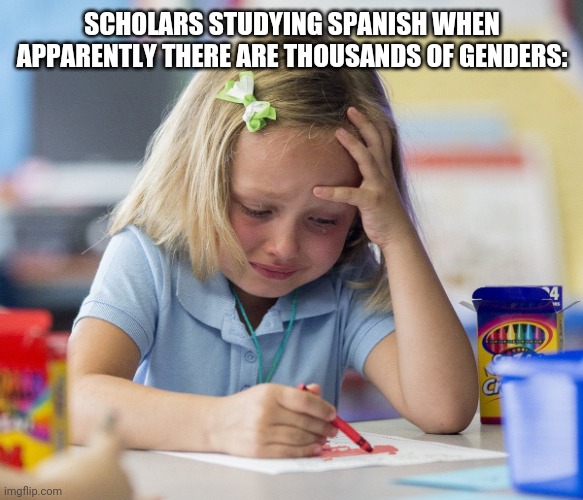 Lgbtq complicates everything | SCHOLARS STUDYING SPANISH WHEN APPARENTLY THERE ARE THOUSANDS OF GENDERS: | image tagged in girl crying while drawing,liberal logic,stupid liberals,gender confusion | made w/ Imgflip meme maker