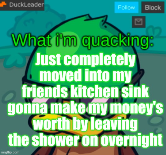DuckLeader Announcement v.3 | Just completely moved into my friends kitchen sink gonna make my money's worth by leaving the shower on overnight | image tagged in duckleader announcement v 3 | made w/ Imgflip meme maker