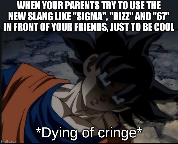 dying of cringe | WHEN YOUR PARENTS TRY TO USE THE NEW SLANG LIKE "SIGMA", "RIZZ" AND "67" IN FRONT OF YOUR FRIENDS, JUST TO BE COOL; *Dying of cringe* | image tagged in goku dying of cringe,cringe | made w/ Imgflip meme maker