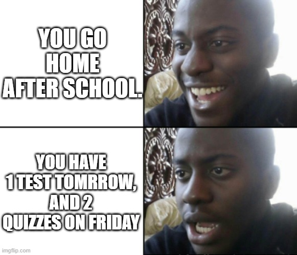 Oh crap, I'm cooked | YOU GO HOME AFTER SCHOOL. YOU HAVE 1 TEST TOMRROW, AND 2 QUIZZES ON FRIDAY | image tagged in happy / shock | made w/ Imgflip meme maker