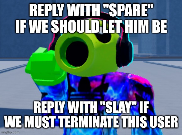REPLY WITH "SPARE" IF WE SHOULD LET HIM BE REPLY WITH "SLAY" IF WE MUST TERMINATE THIS USER | made w/ Imgflip meme maker