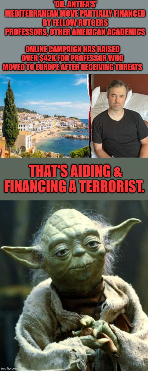 'DR. ANTIFA'S' MEDITERRANEAN MOVE PARTIALLY FINANCED BY FELLOW RUTGERS PROFESSORS, OTHER AMERICAN ACADEMICS; ONLINE CAMPAIGN HAS RAISED OVER $42K FOR PROFESSOR WHO MOVED TO EUROPE AFTER RECEIVING THREATS; THAT'S AIDING & FINANCING A TERRORIST. | image tagged in memes,star wars yoda | made w/ Imgflip meme maker