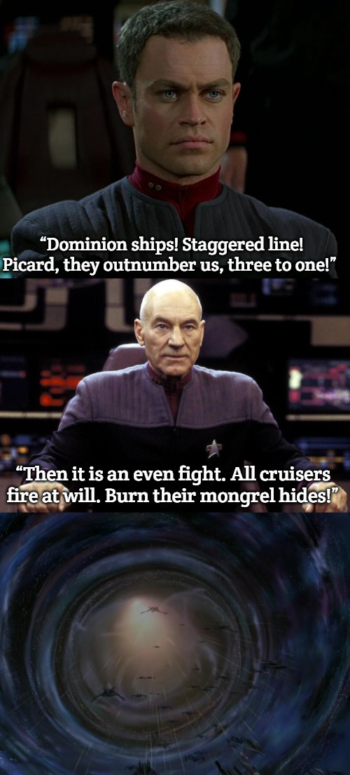 Picard Dominion War | “Dominion ships! Staggered line! Picard, they outnumber us, three to one!”; “Then it is an even fight. All cruisers fire at will. Burn their mongrel hides!” | image tagged in captain picard damage report,slavic lives matter | made w/ Imgflip meme maker