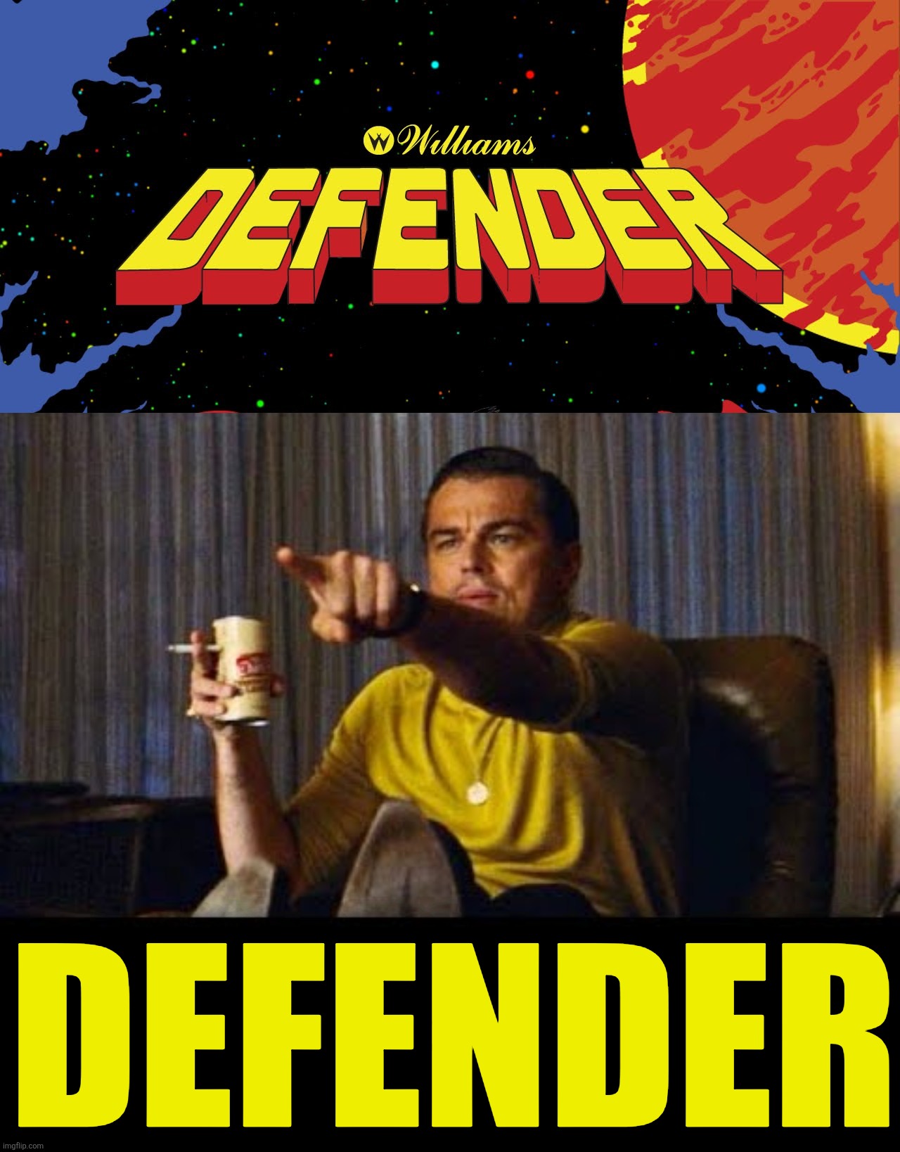 DEFENDER | image tagged in leonardo dicaprio pointing | made w/ Imgflip meme maker