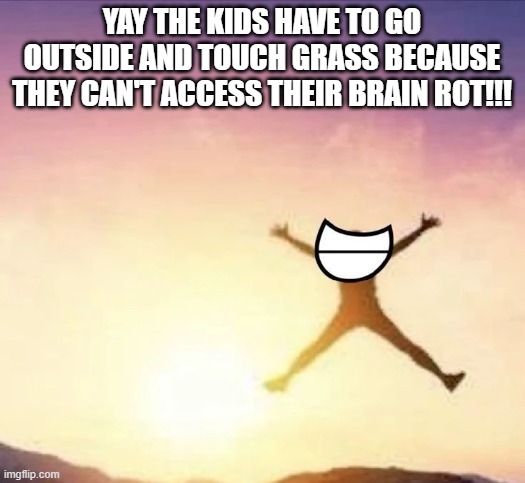yt down lol | YAY THE KIDS HAVE TO GO OUTSIDE AND TOUCH GRASS BECAUSE THEY CAN'T ACCESS THEIR BRAIN ROT!!! | image tagged in yippee | made w/ Imgflip meme maker