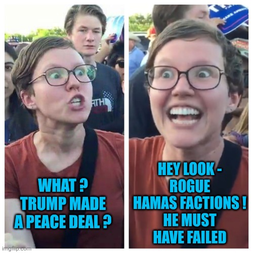 Social Justice Warrior Hypocrisy | WHAT ?
TRUMP MADE A PEACE DEAL ? HEY LOOK -
ROGUE HAMAS FACTIONS !
HE MUST HAVE FAILED | image tagged in social justice warrior hypocrisy | made w/ Imgflip meme maker