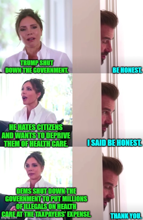 I know it, you know it, the lying media knows it.  But still they lie. | BE HONEST. TRUMP SHUT DOWN THE GOVERNMENT. HE HATES CITIZENS AND WANTS TO DEPRIVE THEM OF HEALTH CARE. I SAID BE HONEST. DEMS SHUT DOWN THE GOVERNMENT TO PUT MILLIONS OF ILLEGALS ON HEALTH CARE AT THE TAXPAYERS' EXPENSE. THANK YOU. | image tagged in victoria david beckham be honest | made w/ Imgflip meme maker