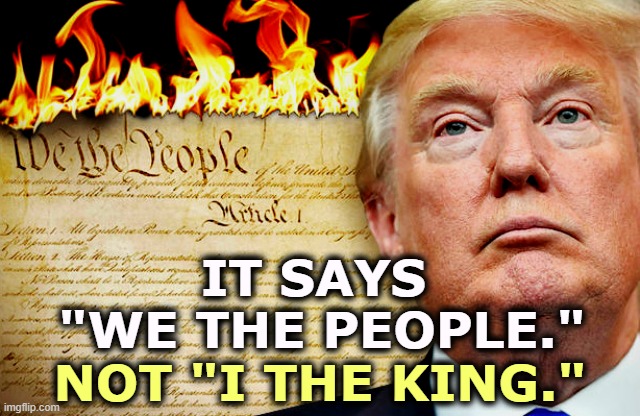 No kings, not now, not ever. | IT SAYS
 "WE THE PEOPLE."; NOT "I THE KING." | image tagged in trump and republicans burning the constitution,trump,burn,constitution,no kings,delusional | made w/ Imgflip meme maker