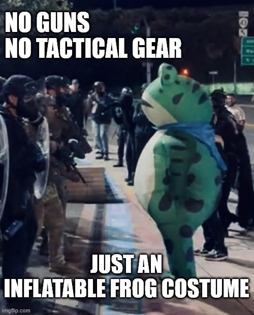 Turns out all you need to resist tryany is this one weird trick | NO GUNS
NO TACTICAL GEAR; JUST AN INFLATABLE FROG COSTUME | image tagged in i am portland frog | made w/ Imgflip meme maker