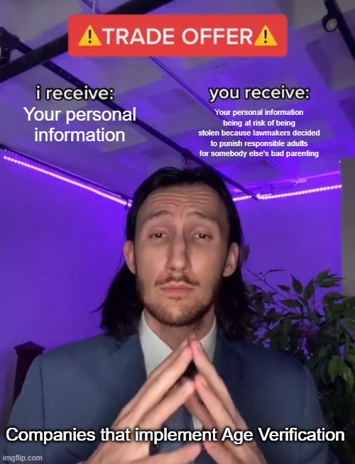 Trade Offer | Your personal information being at risk of being stolen because lawmakers decided to punish responsible adults for somebody else's bad parenting; Your personal information; Companies that implement Age Verification | image tagged in trade offer | made w/ Imgflip meme maker