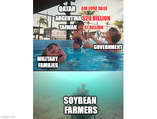 Drowning Americans | AIR FORE BASE; QATAR; $20 BILLION; ARGENTINA; TAIWAN; $1 BILLION; GOVERNMENT; MILITARY 
FAMILIES; SOYBEAN 
FARMERS | image tagged in drowning kid skull | made w/ Imgflip meme maker
