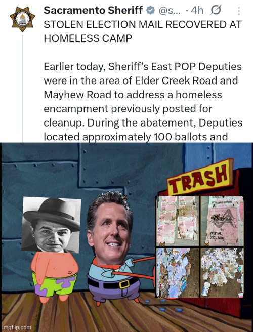 Tossed Ballots | image tagged in mr krabs throws out the trash,california,election fraud,corruption | made w/ Imgflip meme maker