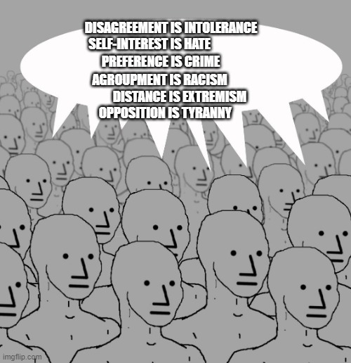 people today | DISAGREEMENT IS INTOLERANCE; SELF-INTEREST IS HATE; PREFERENCE IS CRIME; AGROUPMENT IS RACISM; DISTANCE IS EXTREMISM; OPPOSITION IS TYRANNY | image tagged in npc-crowd,humanity,horror,political correctness | made w/ Imgflip meme maker