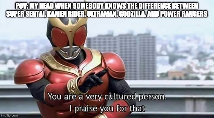 You have gained my respect, random stranger. | POV: MY HEAD WHEN SOMEBODY KNOWS THE DIFFERENCE BETWEEN SUPER SENTAI, KAMEN RIDER, ULTRAMAN, GODZILLA, AND POWER RANGERS | image tagged in kamen rider kuuga you are a very cultured person | made w/ Imgflip meme maker