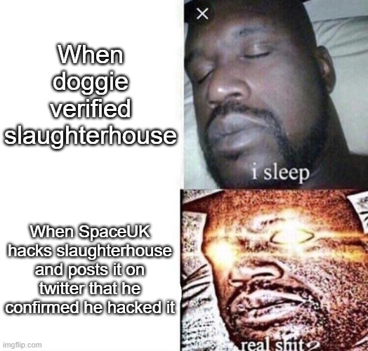 When SpaceUK Hacks Slaughterhouse in geometry dash | When doggie verified slaughterhouse; When SpaceUK hacks slaughterhouse and posts it on twitter that he confirmed he hacked it | image tagged in i sleep real shit,spaceuk,hackers,geometry dash,gd,slaughterhouse | made w/ Imgflip meme maker