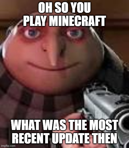 MINECRAFT END UPDATE MEME | OH SO YOU PLAY MINECRAFT; WHAT WAS THE MOST RECENT UPDATE THEN | image tagged in gru with gun | made w/ Imgflip meme maker