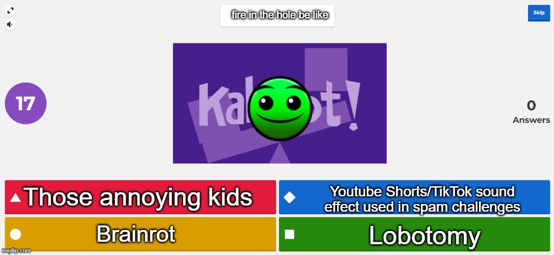KAHOOT MEME | fire in the hole be like; Those annoying kids; Youtube Shorts/TikTok sound effect used in spam challenges; Lobotomy; Brainrot | image tagged in kahoot meme,lobotomy,fire in the hole,geometry dash | made w/ Imgflip meme maker