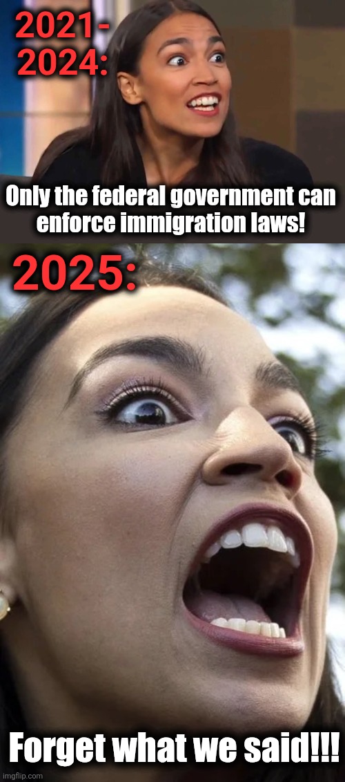 Some states tried to secure their borders, and libs screamed that ONLY the federal government could enforce immigration laws! | 2021-
2024:; Only the federal government can
enforce immigration laws! 2025:; Forget what we said!!! | image tagged in crazy aoc,aoc,federal government,immigration laws,democrats,hypocrisy | made w/ Imgflip meme maker