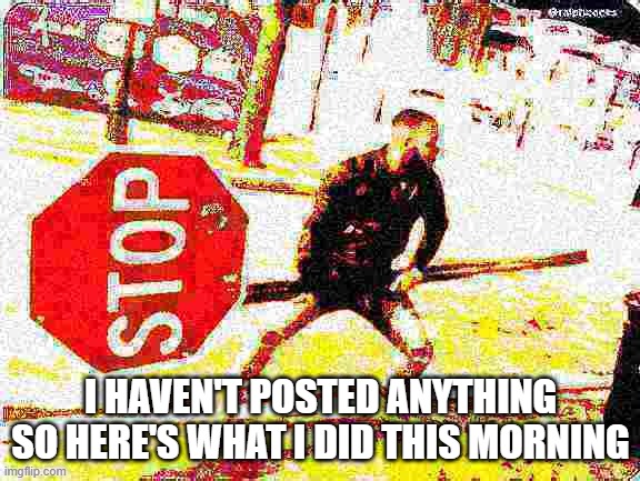 filler | I HAVEN'T POSTED ANYTHING SO HERE'S WHAT I DID THIS MORNING | image tagged in man holding stop sign deep fried | made w/ Imgflip meme maker
