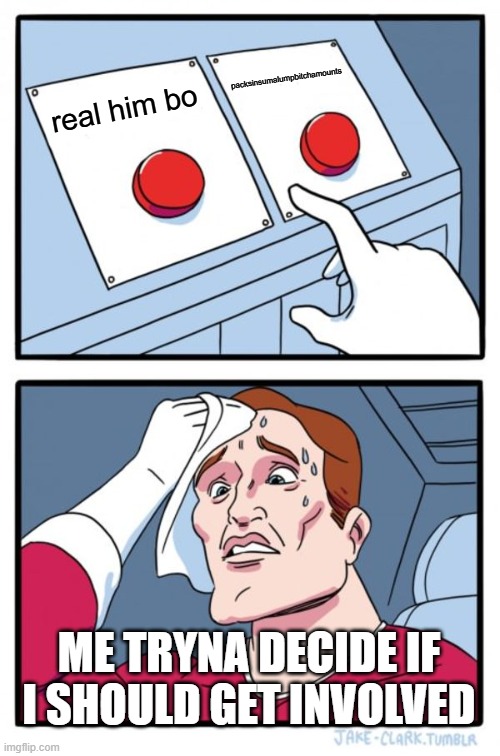 they are both annoying | packsinsumalumpbitchamounts; real him bo; ME TRYNA DECIDE IF I SHOULD GET INVOLVED | image tagged in memes,two buttons | made w/ Imgflip meme maker