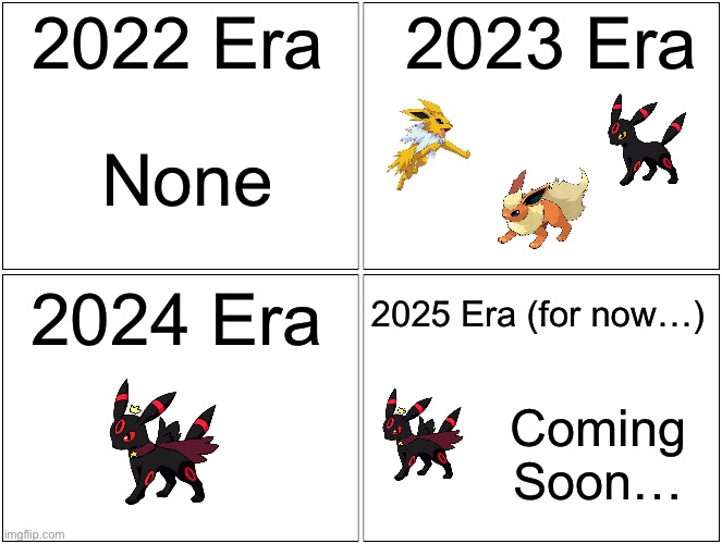 My OCs over the years | 2022 Era; 2023 Era; None; 2024 Era; 2025 Era (for now…); Coming Soon… | image tagged in memes,blank comic panel 2x2 | made w/ Imgflip meme maker