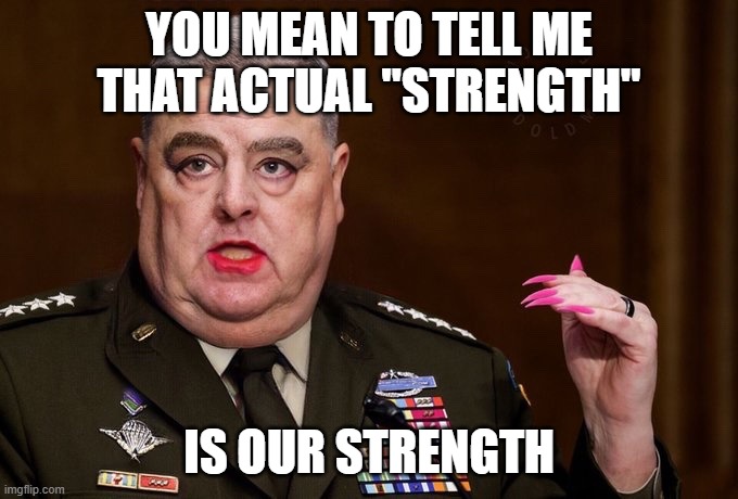 Mark Milley | YOU MEAN TO TELL ME THAT ACTUAL "STRENGTH" IS OUR STRENGTH | image tagged in mark milley | made w/ Imgflip meme maker