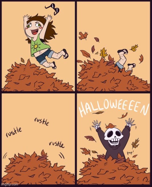 Joyful celebration… | image tagged in comics,halloween,kid,leaf pile,transformation,skull | made w/ Imgflip meme maker