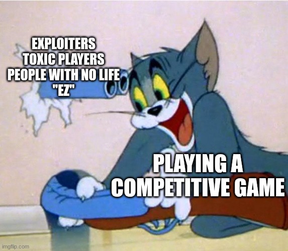 idk I stopped playing those types of games a while ago | EXPLOITERS
TOXIC PLAYERS
PEOPLE WITH NO LIFE
"EZ"; PLAYING A COMPETITIVE GAME | image tagged in tom with a gun | made w/ Imgflip meme maker