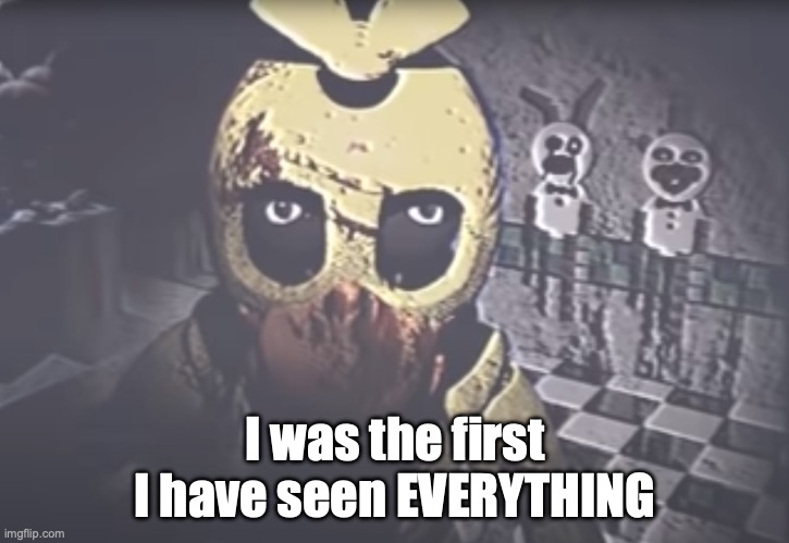 Withered Chica staring | I was the first
I have seen EVERYTHING | image tagged in withered chica staring | made w/ Imgflip meme maker
