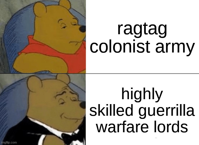 Tuxedo Winnie The Pooh | ragtag colonist army; highly skilled guerrilla warfare lords | image tagged in memes,tuxedo winnie the pooh | made w/ Imgflip meme maker