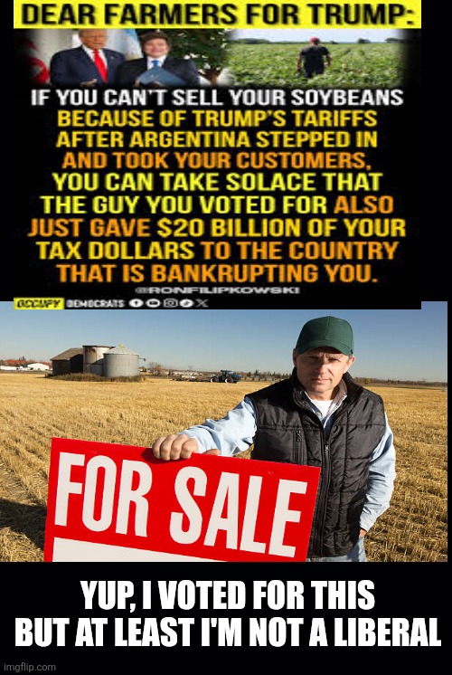 When voting against your own interests becomes more important than saving yourself | YUP, I VOTED FOR THIS 
BUT AT LEAST I'M NOT A LIBERAL | image tagged in trump,broke farmers,voted for trump,at least i'm not a liberal,maga ignorance | made w/ Imgflip meme maker