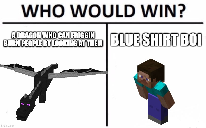 How is this scientifically possible :I | A DRAGON WHO CAN FRIGGIN BURN PEOPLE BY LOOKING AT THEM; BLUE SHIRT BOI | image tagged in memes,who would win | made w/ Imgflip meme maker