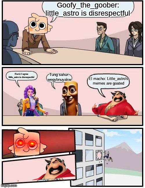 payback for that meme featuring my least favorite twisteds farting at me you moon | Goofy_the_goober: little_astro is disrespectful; Rumi: I agree little_astro is disrespectful; Tung sahur: wegybnuyakw; El macho: Little_astro's memes are goated | image tagged in memes,boardroom meeting suggestion,goob | made w/ Imgflip meme maker