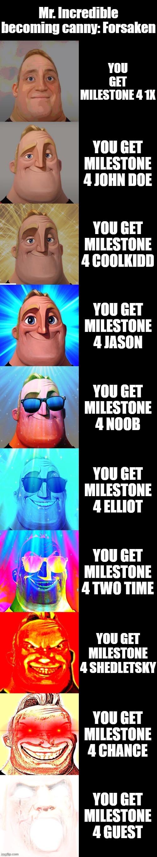 Milestone 4's are just better. But are they better than GOLDEN DUSSEKAR | Mr. Incredible becoming canny: Forsaken; YOU GET MILESTONE 4 1X; YOU GET MILESTONE 4 JOHN DOE; YOU GET MILESTONE 4 COOLKIDD; YOU GET MILESTONE 4 JASON; YOU GET MILESTONE 4 NOOB; YOU GET MILESTONE 4 ELLIOT; YOU GET MILESTONE 4 TWO TIME; YOU GET MILESTONE 4 SHEDLETSKY; YOU GET MILESTONE 4 CHANCE; YOU GET MILESTONE 4 GUEST | image tagged in mr incredible becoming canny | made w/ Imgflip meme maker